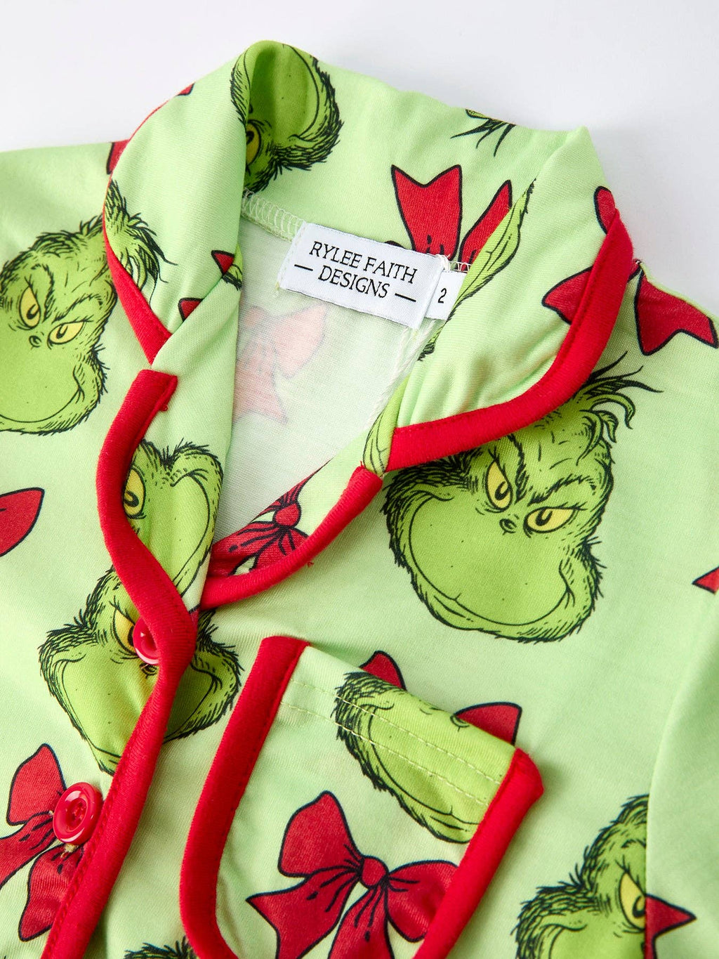 Green Christmas  Character Bow Print Girls Pajama Set