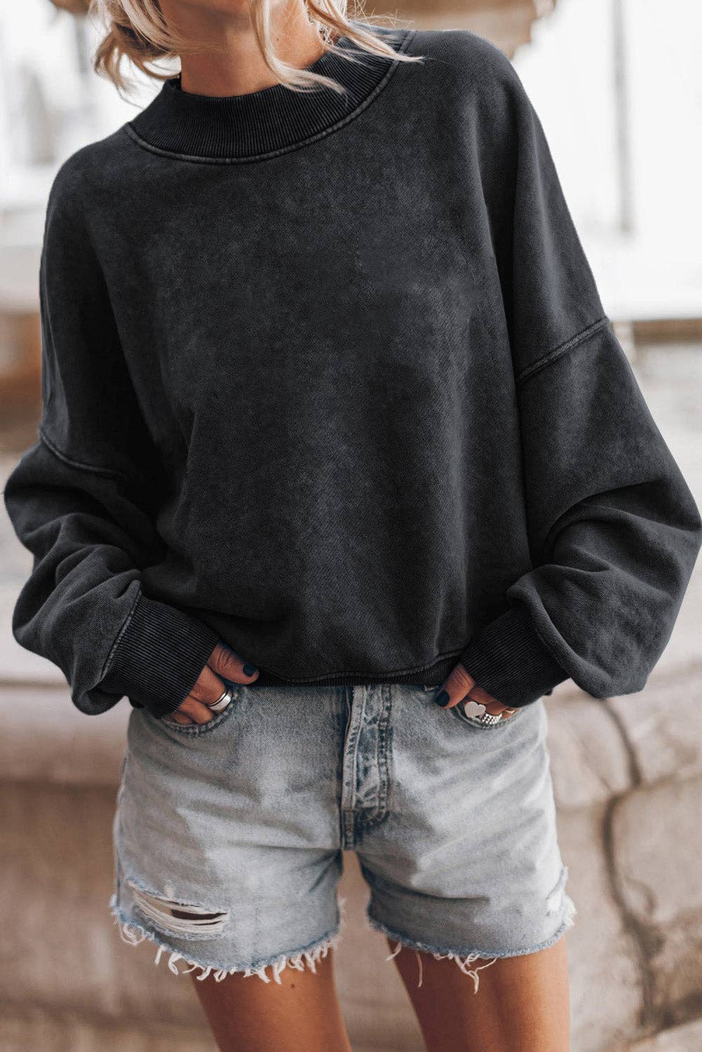 Solid Color Drop Shoulder Crew Neck Pullover Sweatshirt