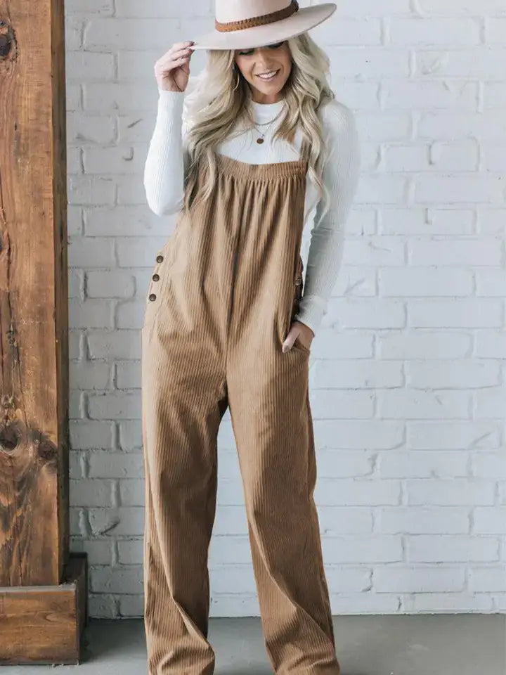 Solid Corduroy Pocket Overalls for Fall and Everyday Wear